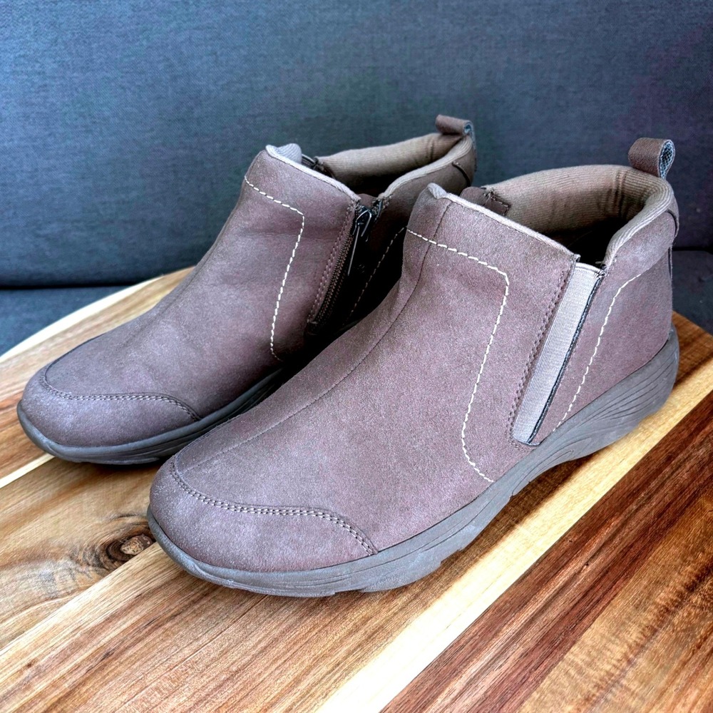 Easy Spirit Sevony2 Taupe Suede Ankle Boots Side Zip Comfort Shoes 7.5M